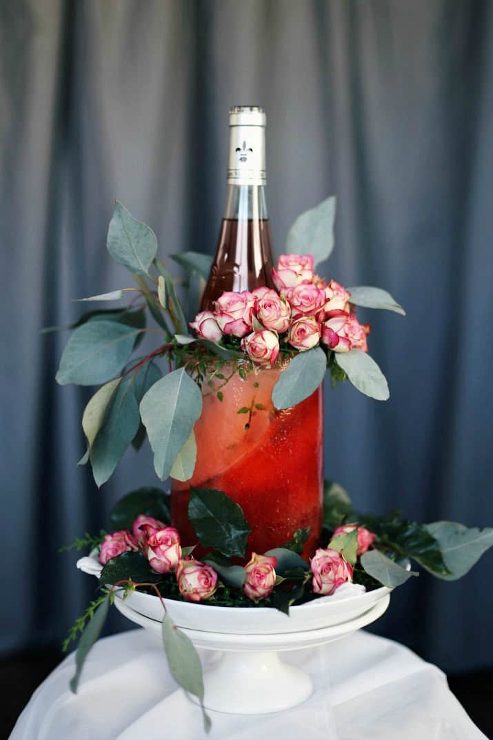 Pink & Gray Tablescape Celebration Dinner Party, diy wine ice cooler decorated with pink roses and greenery