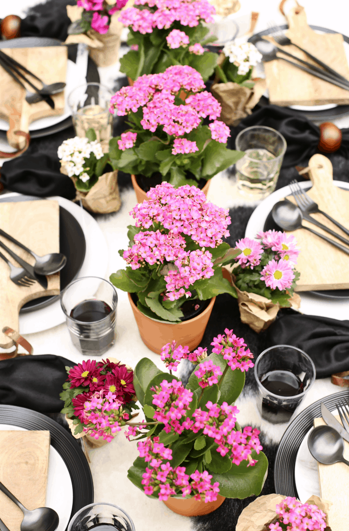 potted flowers centerpiece on black and white table