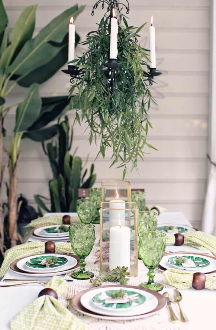 green dinner party tablescape outdoors