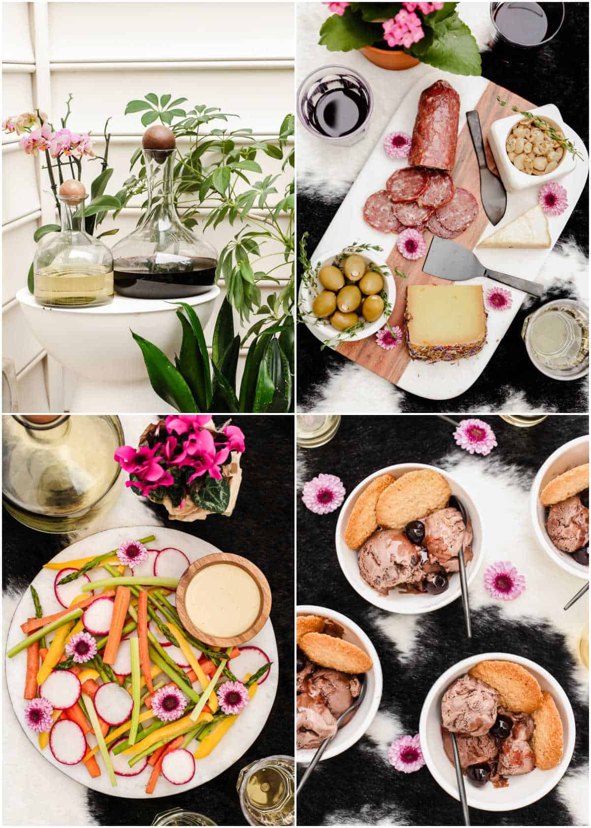 photo collage of outdoor dinner party food boards and items.