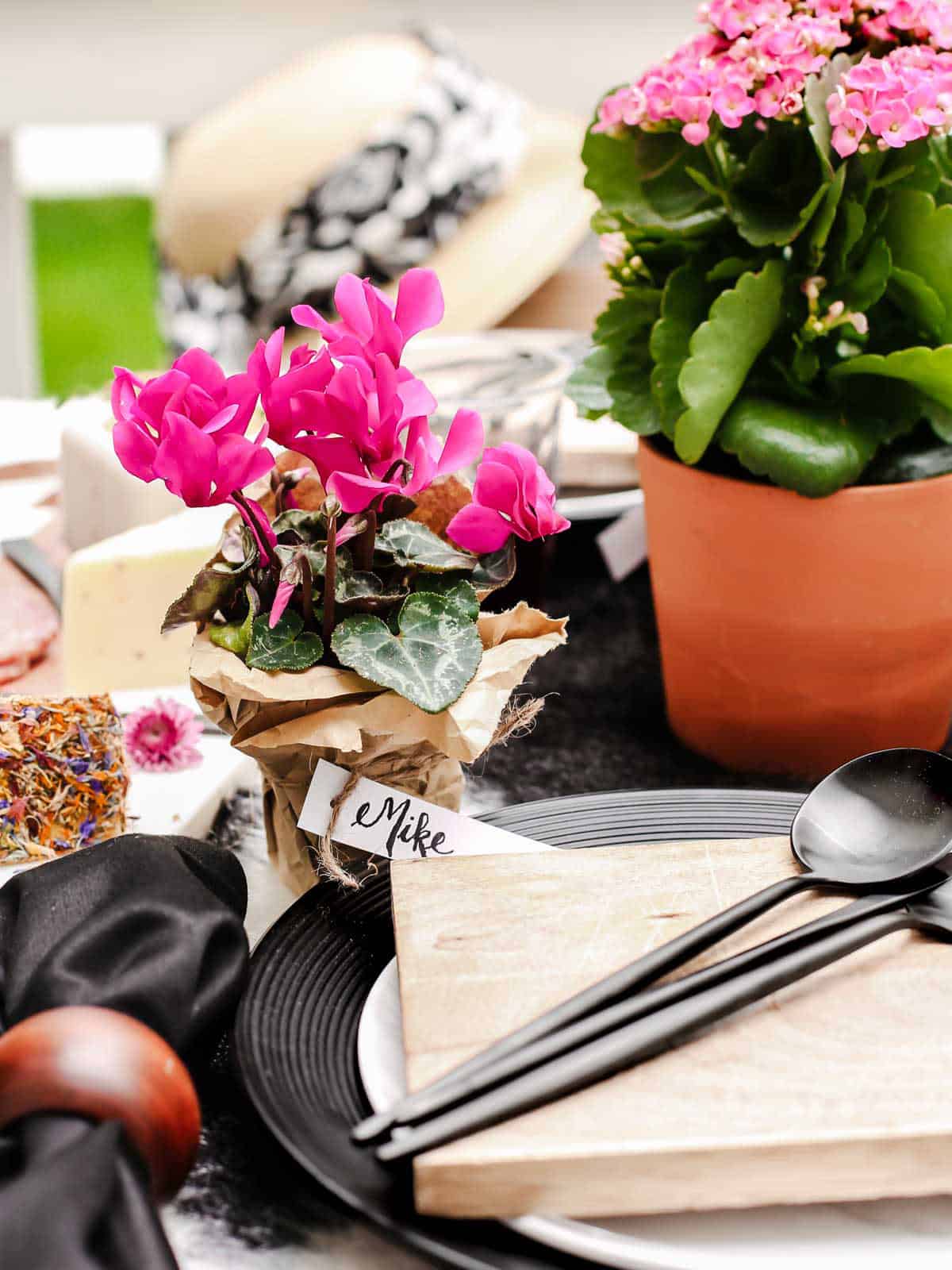 tablescape place setting with potted flower place card holder.