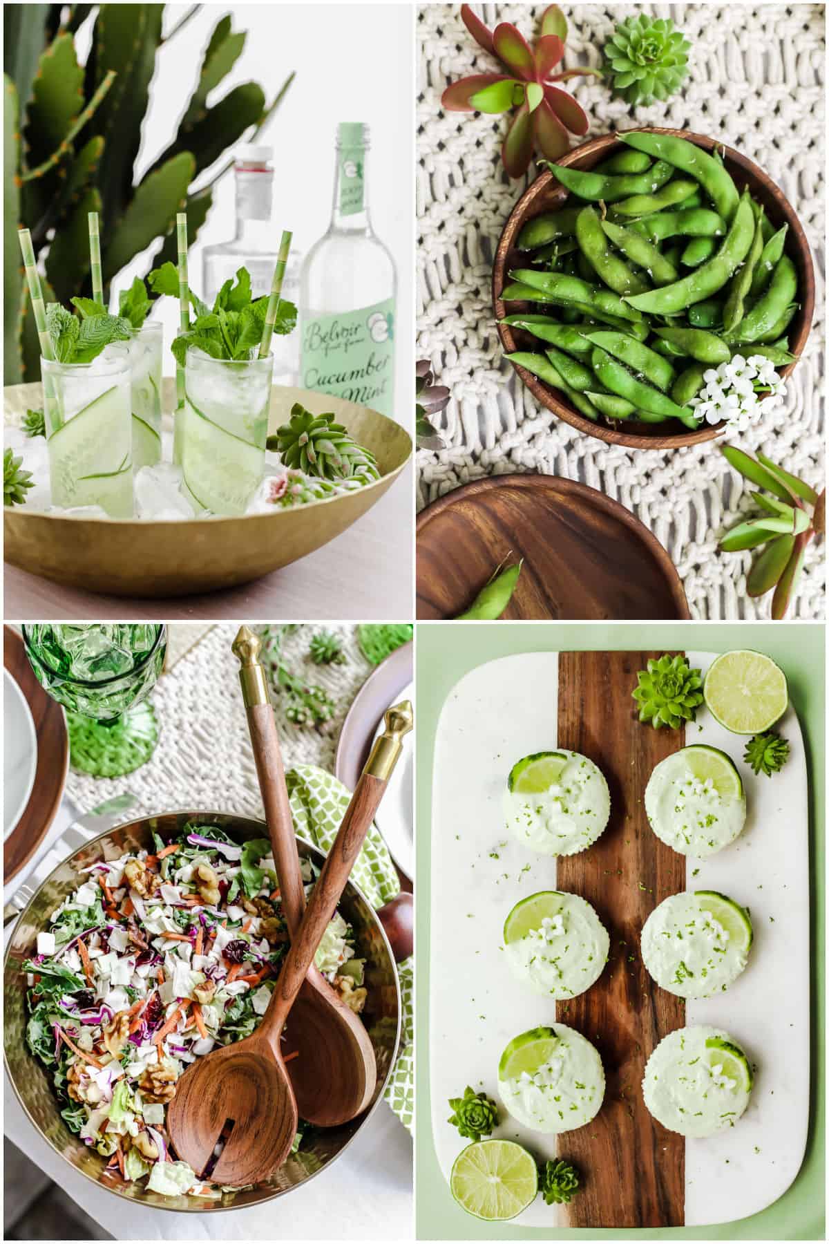 photo collage with 4 images of a cocktail, edamame pods, salad, and green cupcakes.