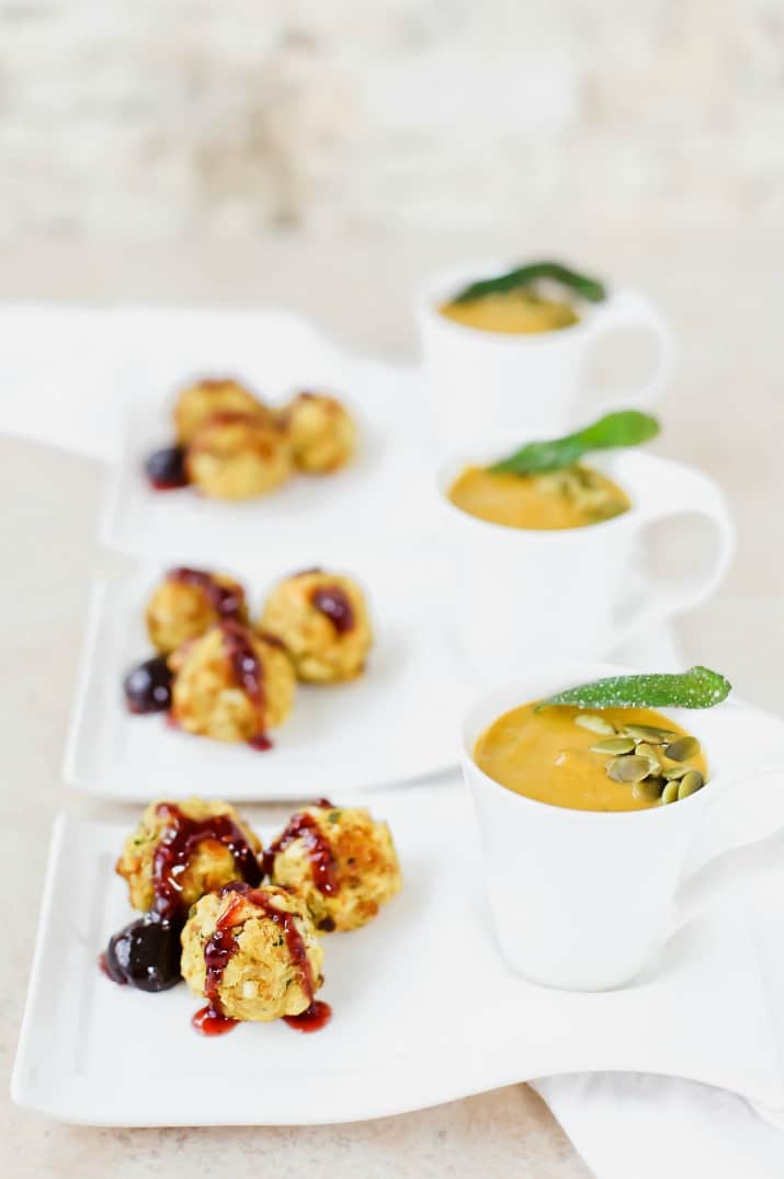 pumpkin soup shots with easy stuffing balls