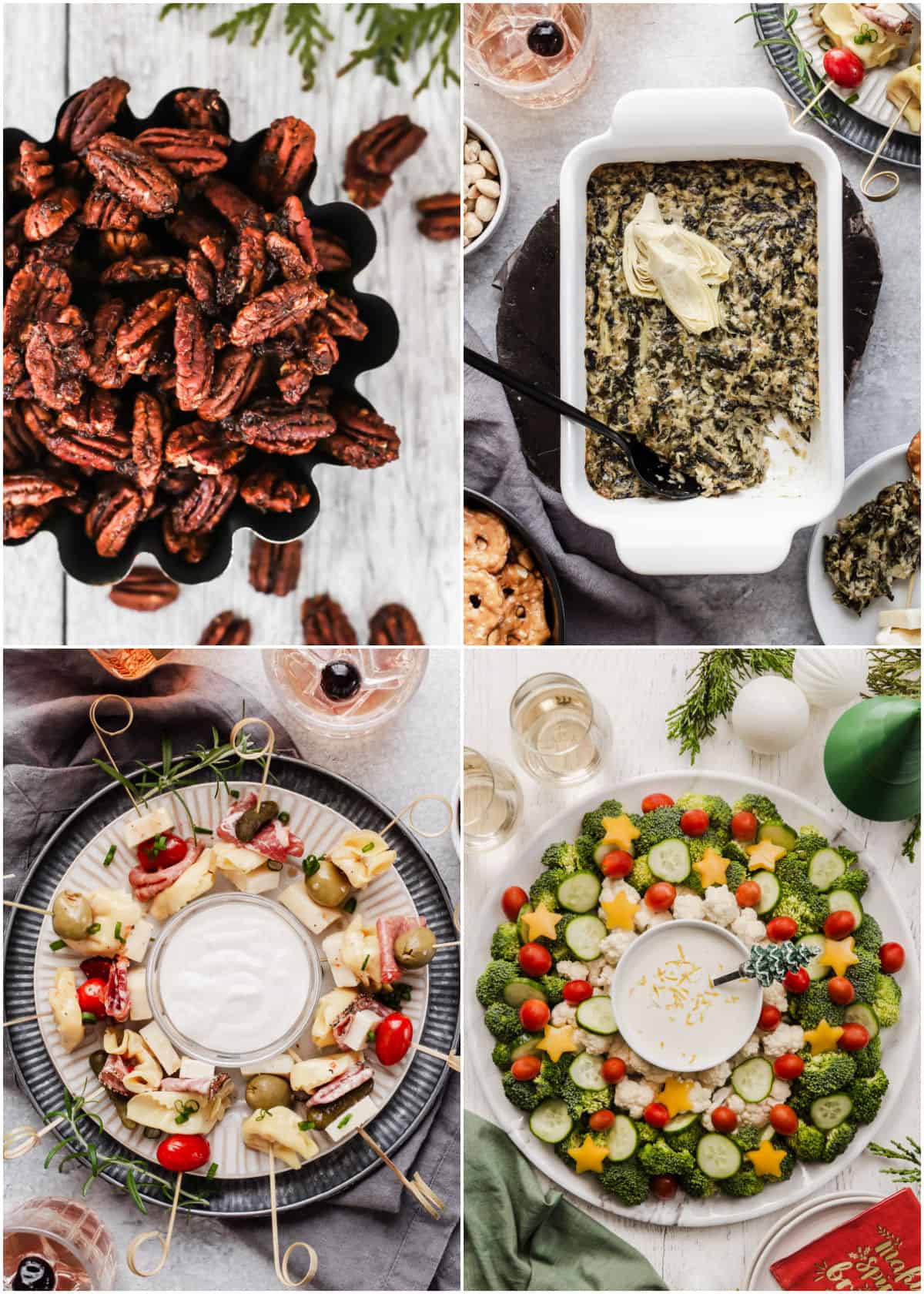 collage of party foods: nuts, dip, skewers, and vegetable platter.