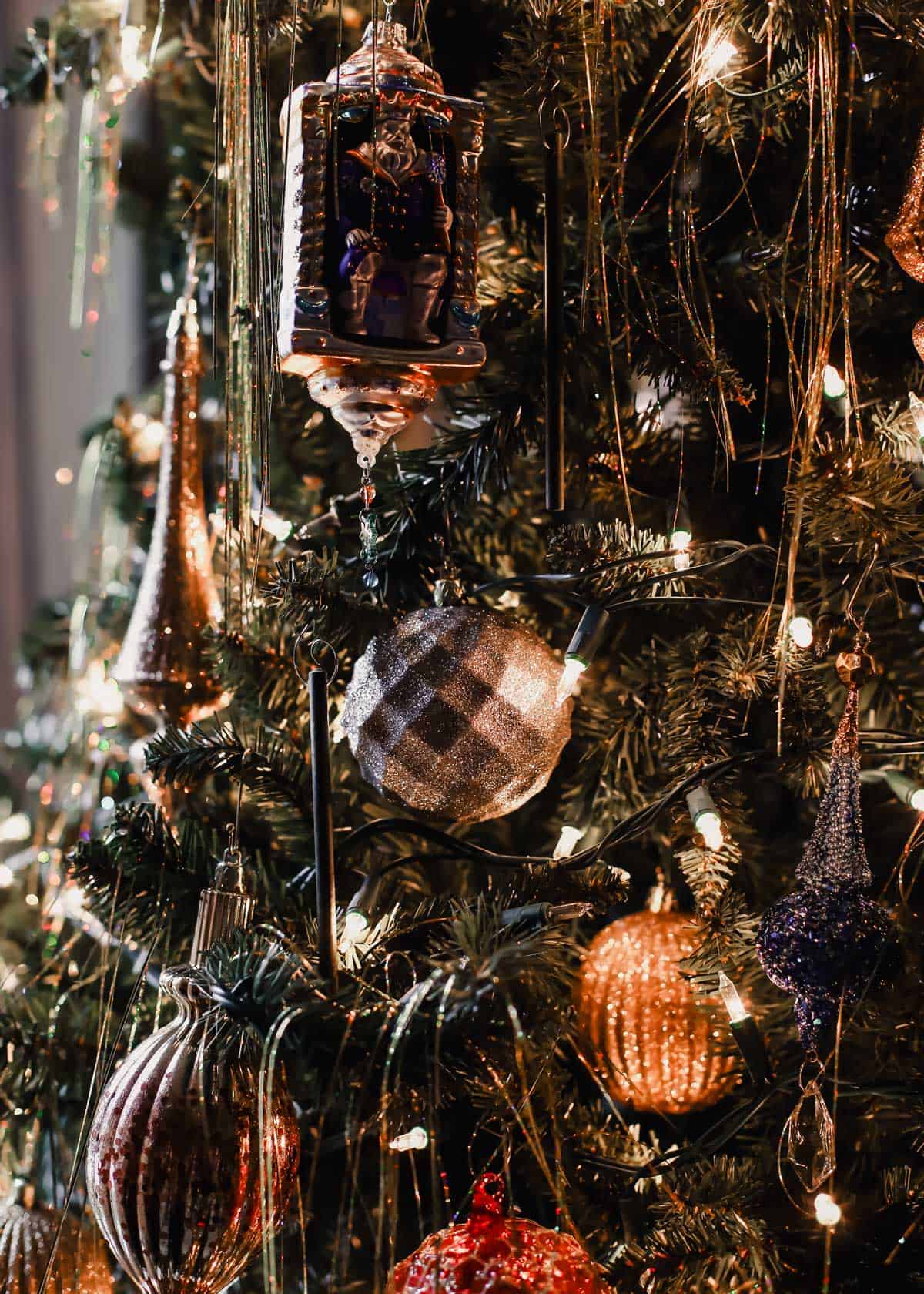 Christmas tree close up with traditional style decorations.