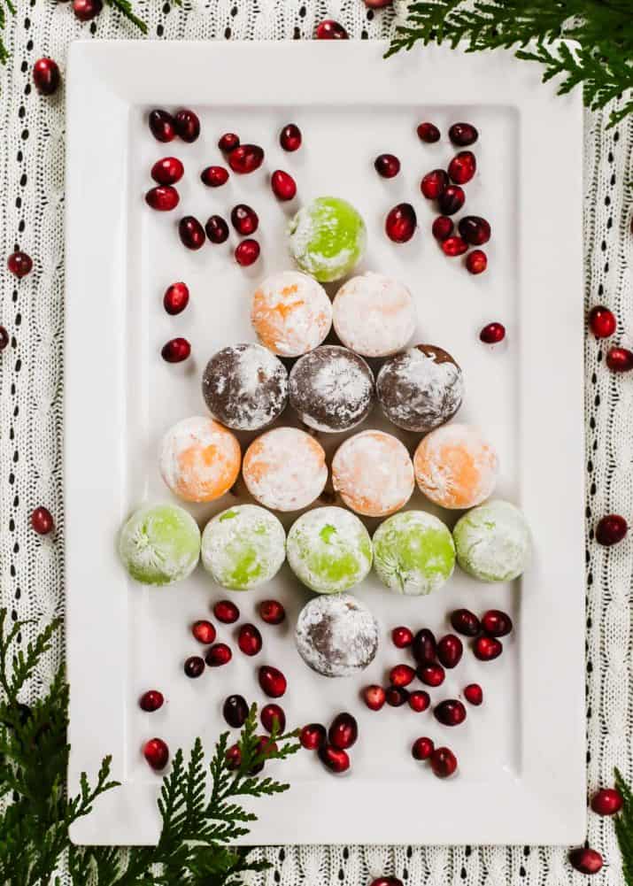 Mochi balls on tray displayed like a Christmas tree shape.