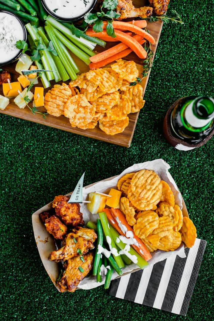 game day football party snack board with snack box filled with snack food