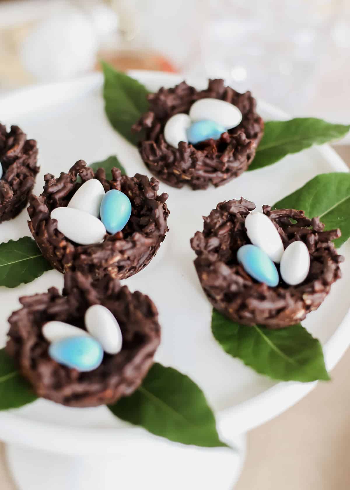 chocolate nest shaped mini desserts with candy eggs inside, on white platter.