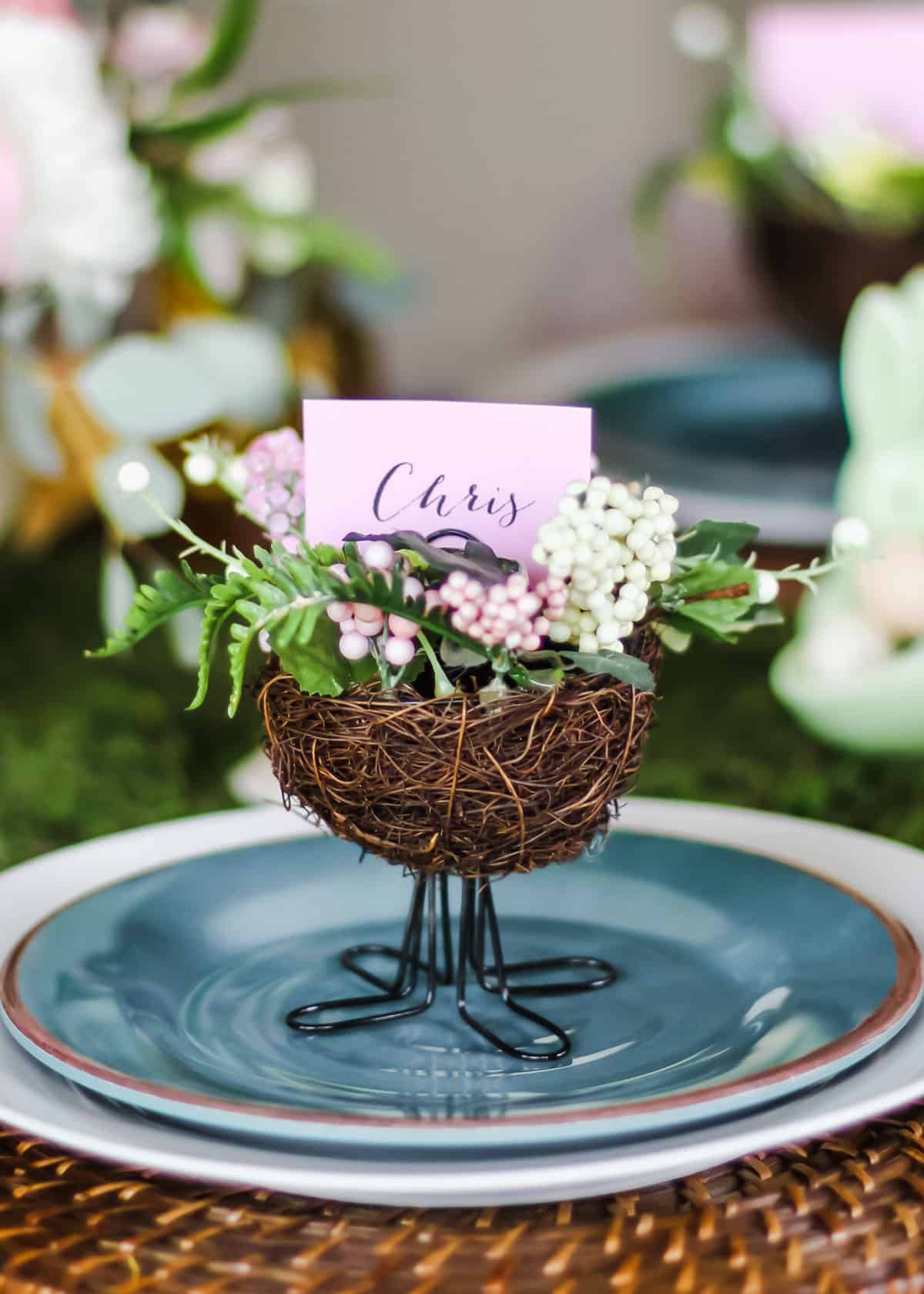 decorative birds nest on top of plate to be a place card holder for Easter.