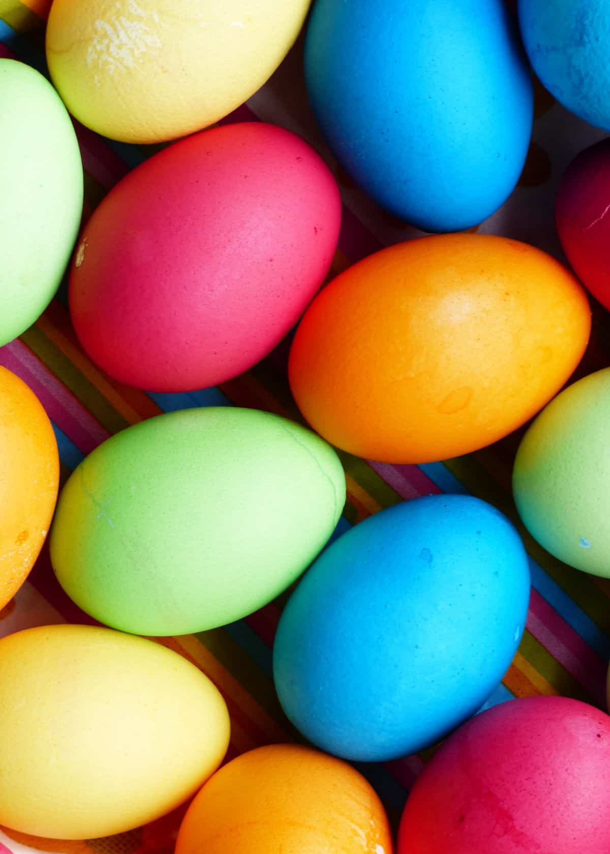 lots of colorful eggs dyed for Easter.