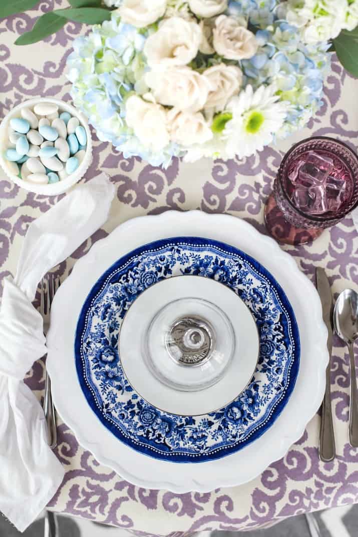 Spring Ladies Luncheon blue and white place settings overhead view