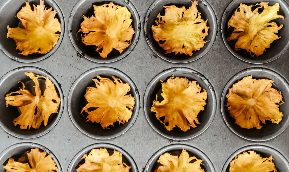 dried pineapple flowers in muffin tins, overhead view.