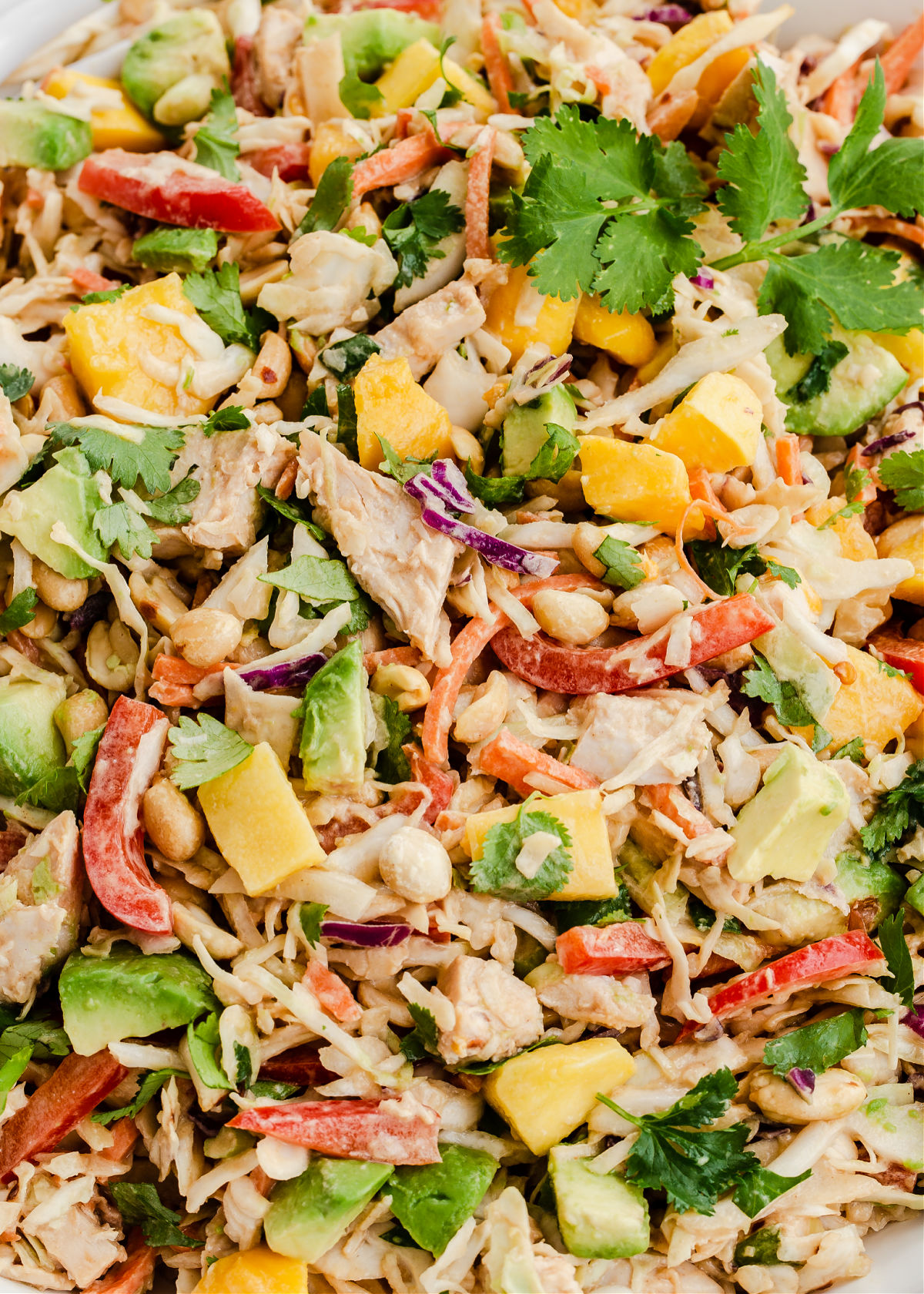 Close up of mixed chicken salad with slaw mix.