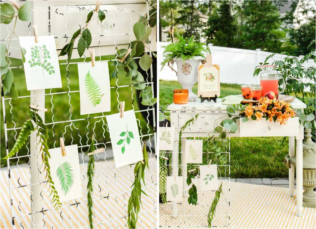 photo collage of outdoor party drink table and botanical decorations.
