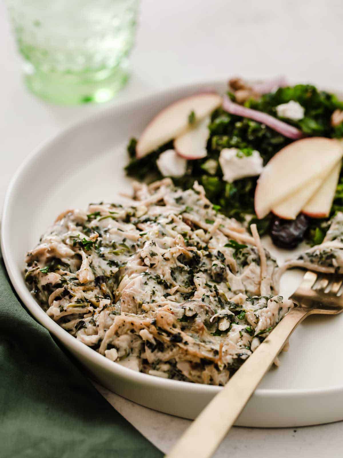 serving of chicken tetrazzini on plate with salad.