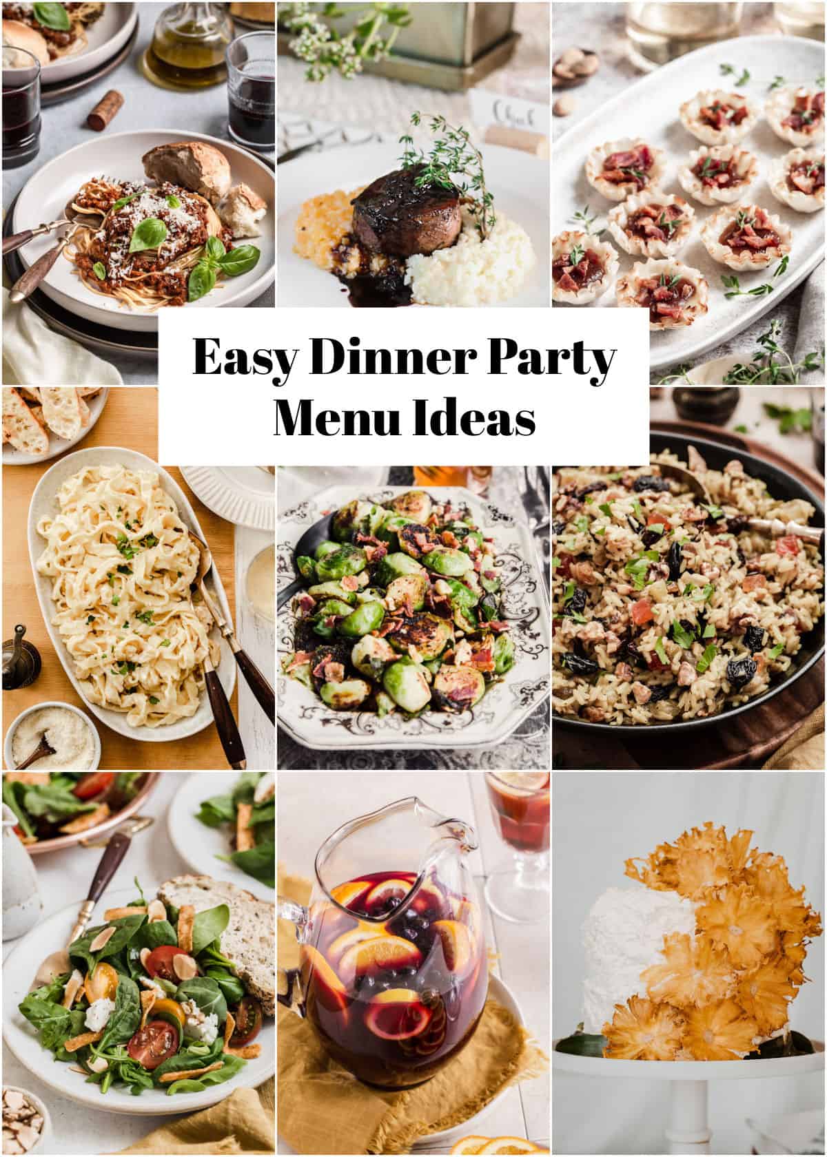 photo collage of food with text overlay saying easy dinner party ideas.