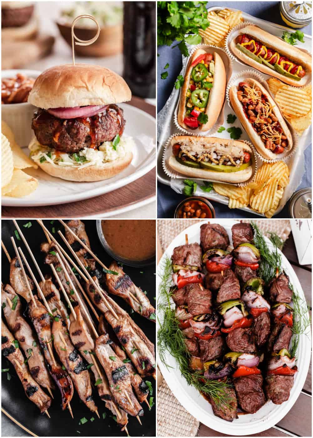 photo collage of cookout food: burgers, hot dogs, and kabobs.  