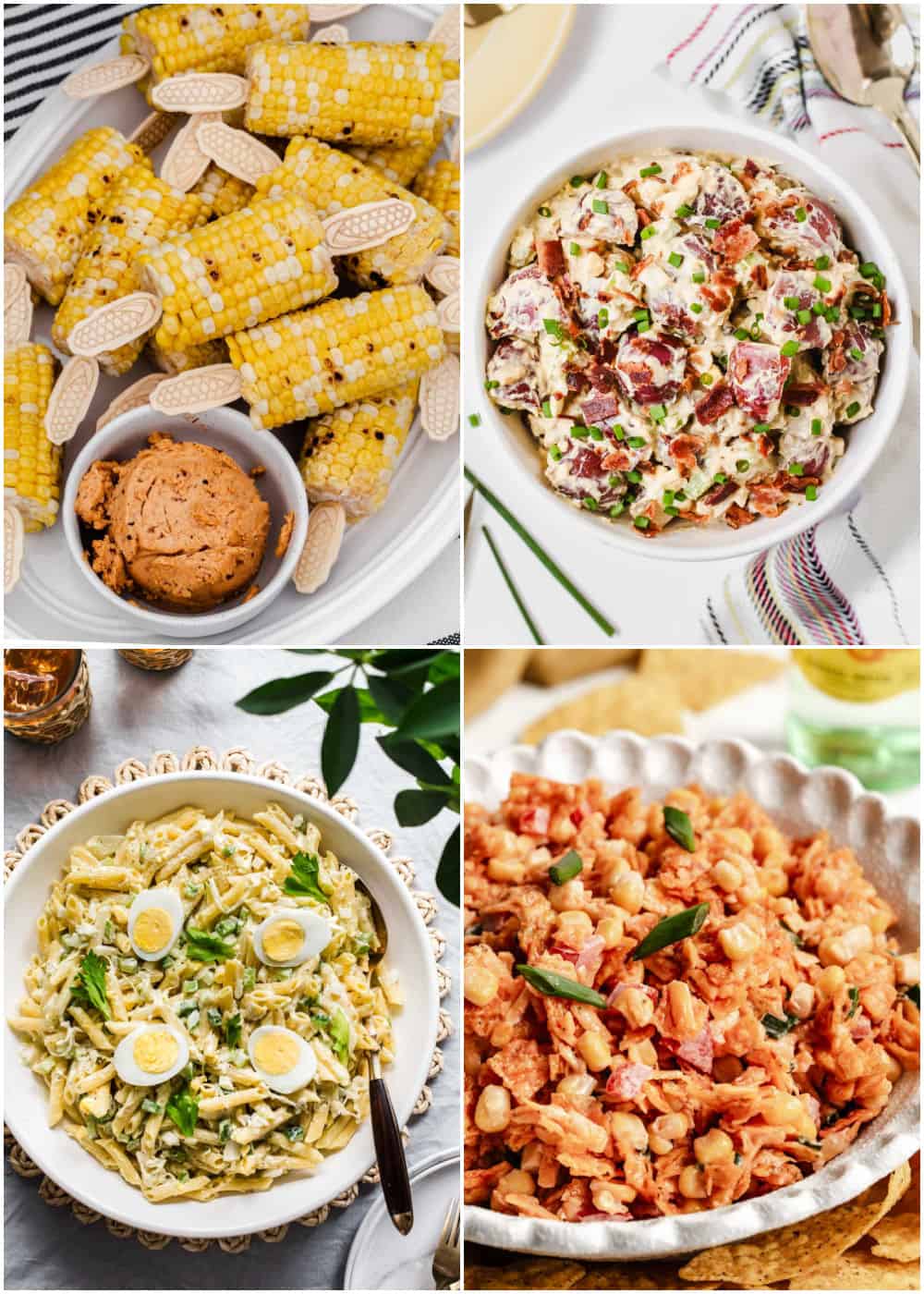 photo collage of cookout side dish salads and corn on the cob.