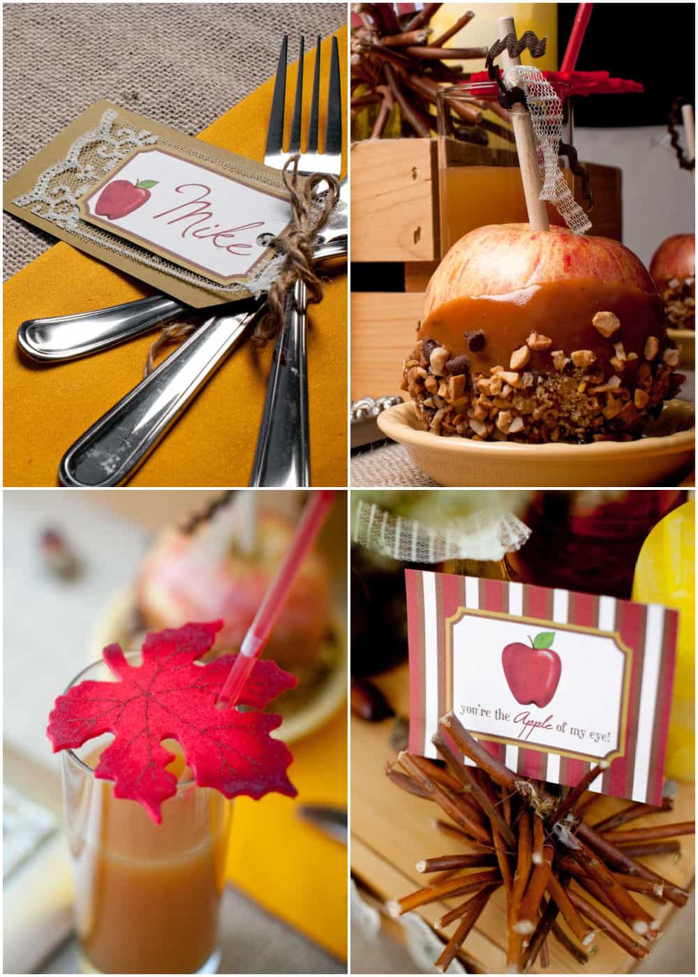 photo collage of tablescape details include name cards, drink, candy apple, and small sign.