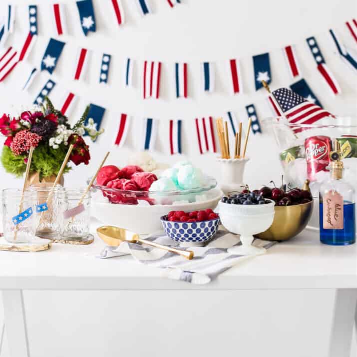 red white and blue ice cream float bar setup