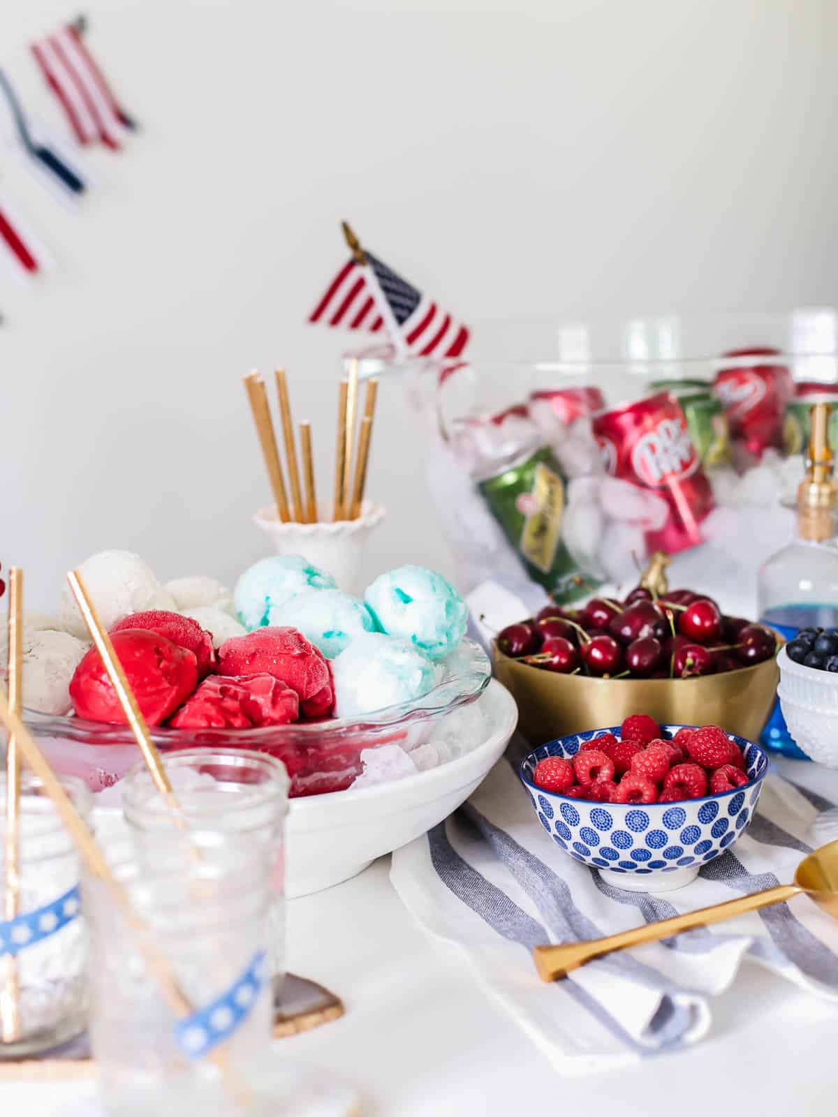 red, white and blue 4th of July themed ice cream float bar for parties.