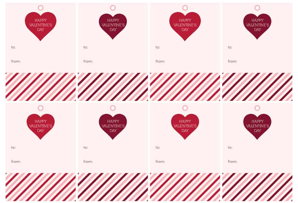 graphic image of valentines printable tags with red hears on pink background.