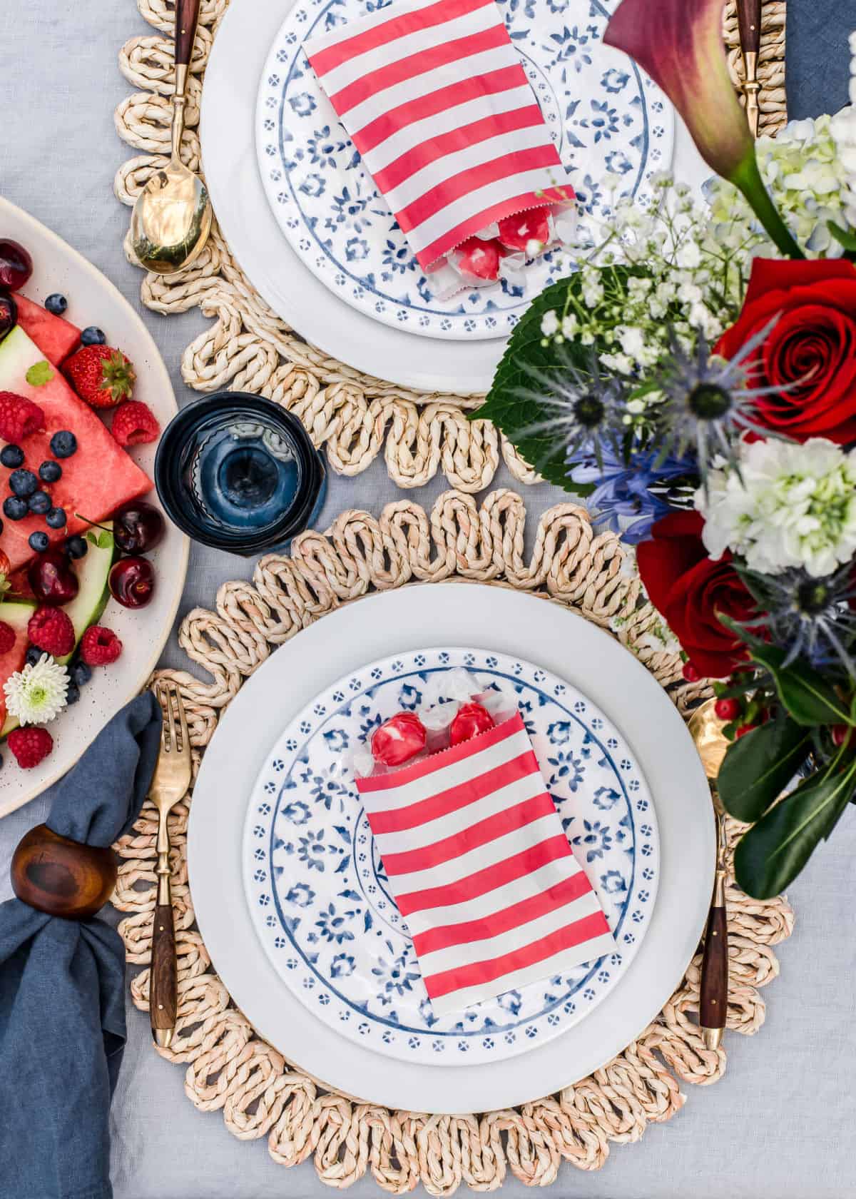 red white and blue place settings for summer party.