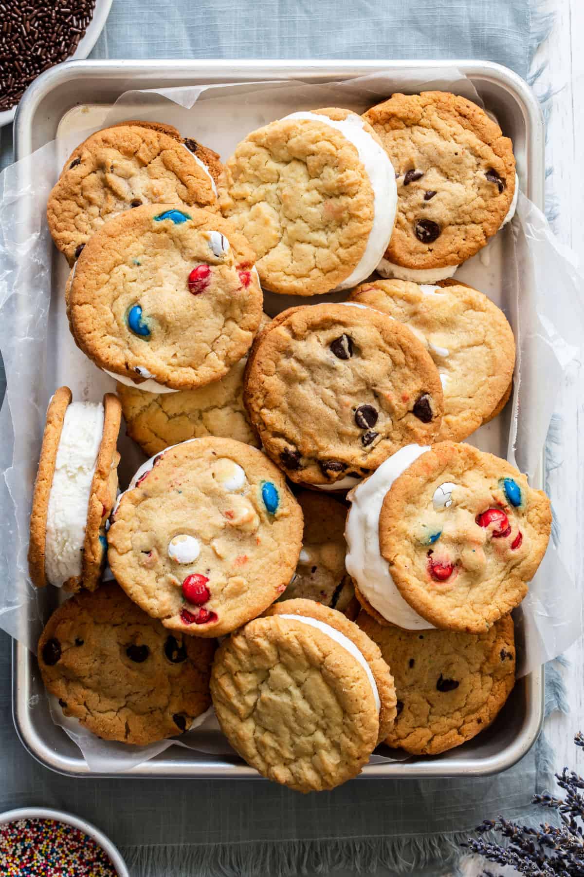 homemade ice cream sandwiches with m&m's.