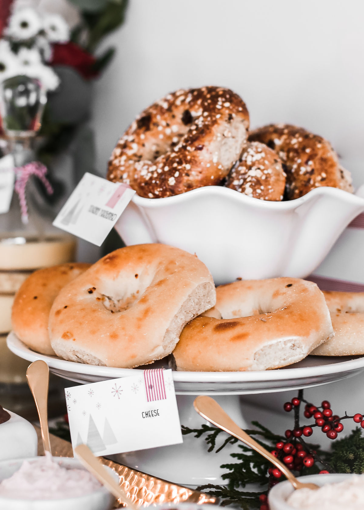 bagels served on a cake stand.