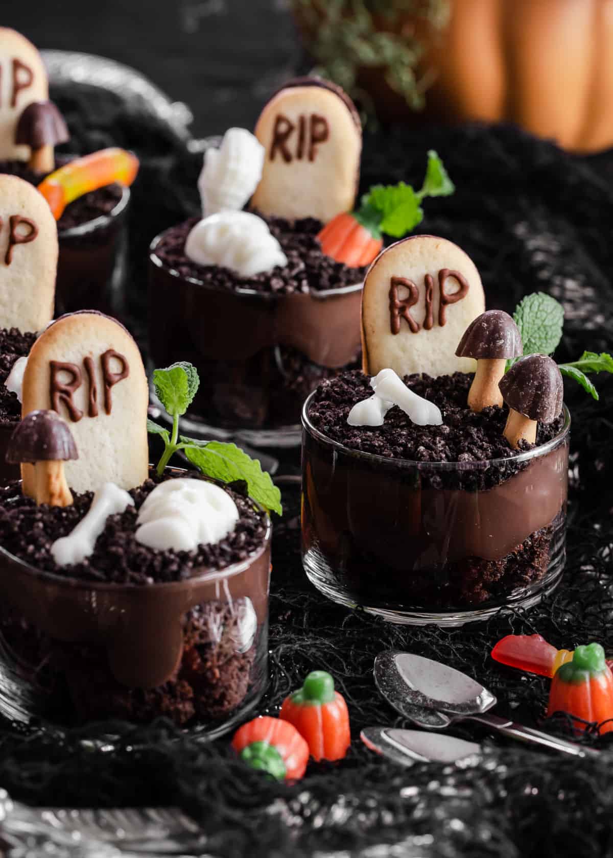 layered pudding dirt cups for Halloween.