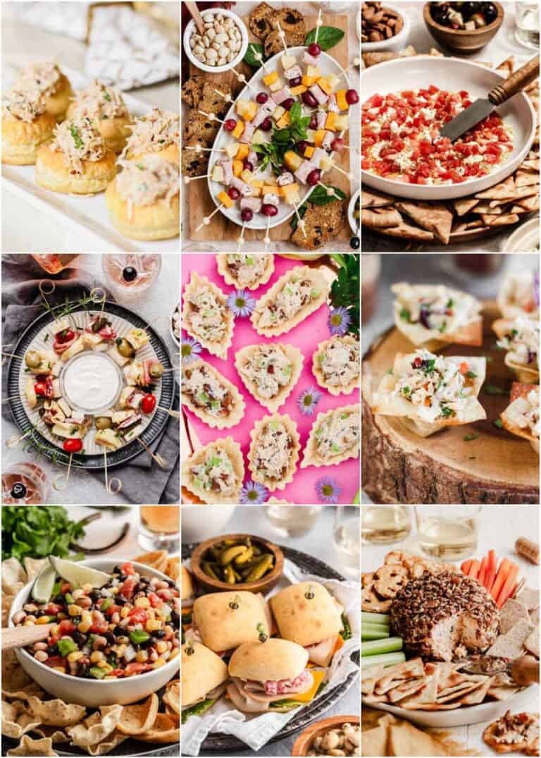photo collage of cold party appetizers and dips.