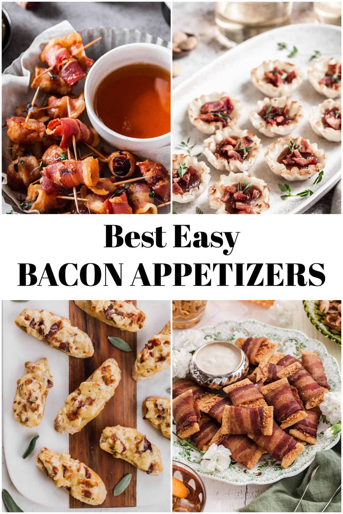 photo collage of 4 recipes and text saying best easy bacon appetizers.