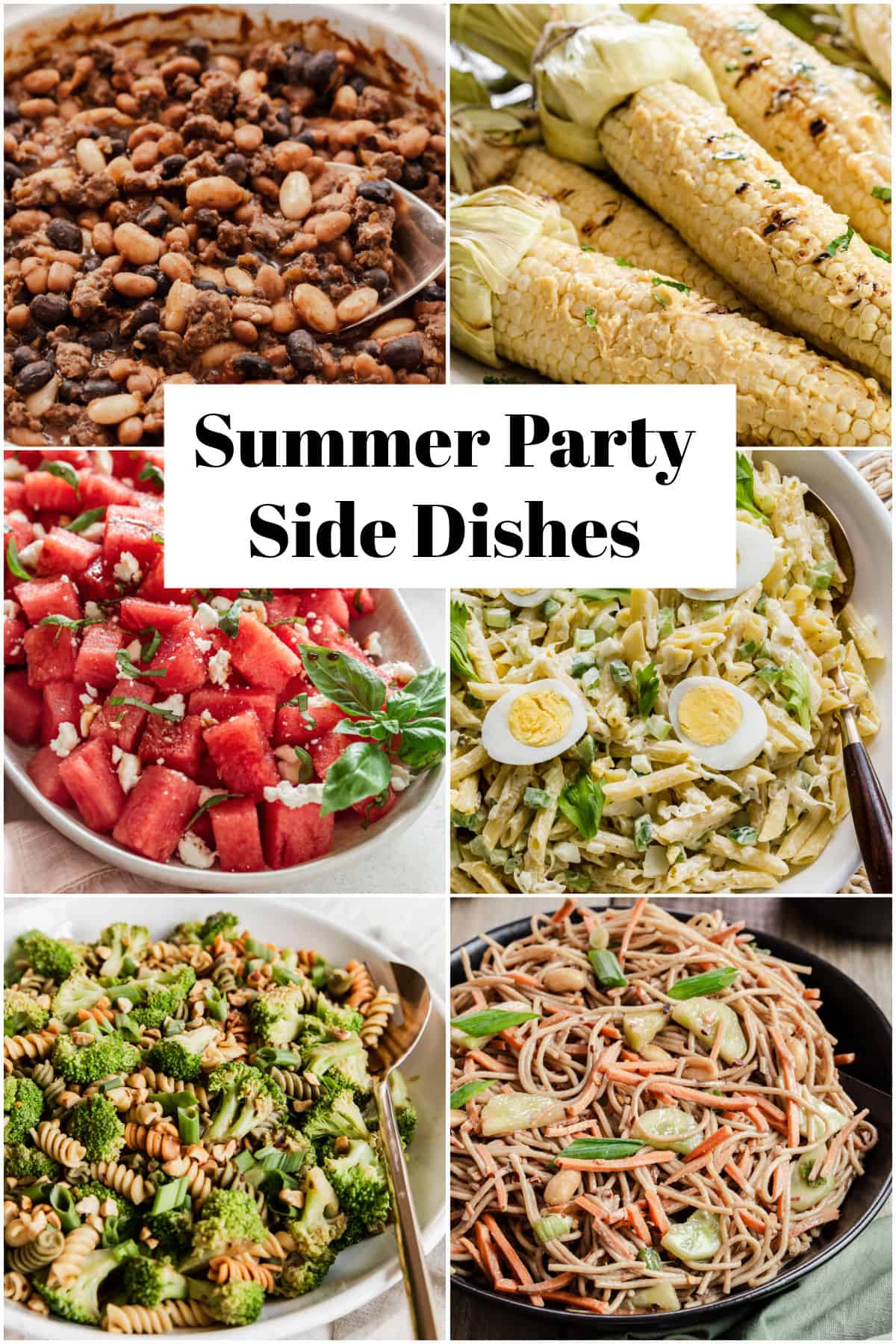 food photo collage and text saying summer party side dishes.